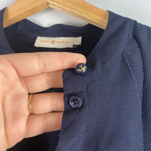 Tory Burch Navy Jane Ruffle Button Front Crepe Dress - Picture 7 of 10